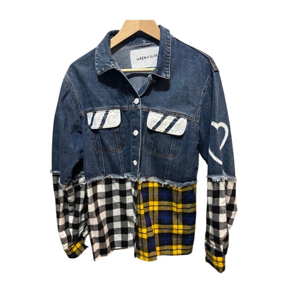 Wren & Glory Denim Jacket Coat Hand Painted designer Sz L women's blue yellow